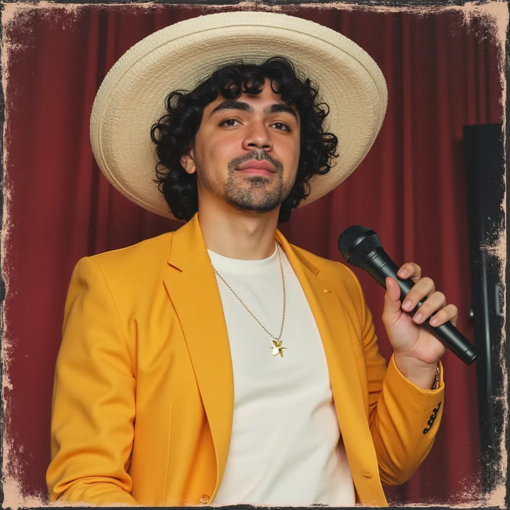 Adam Irigoyen in Album Cover named and written Me with name of Adam Irigoyen in big letters He appears smiling showing your teeth He wears white T-shirt yellow closed blazer microphone on hand white sombrero