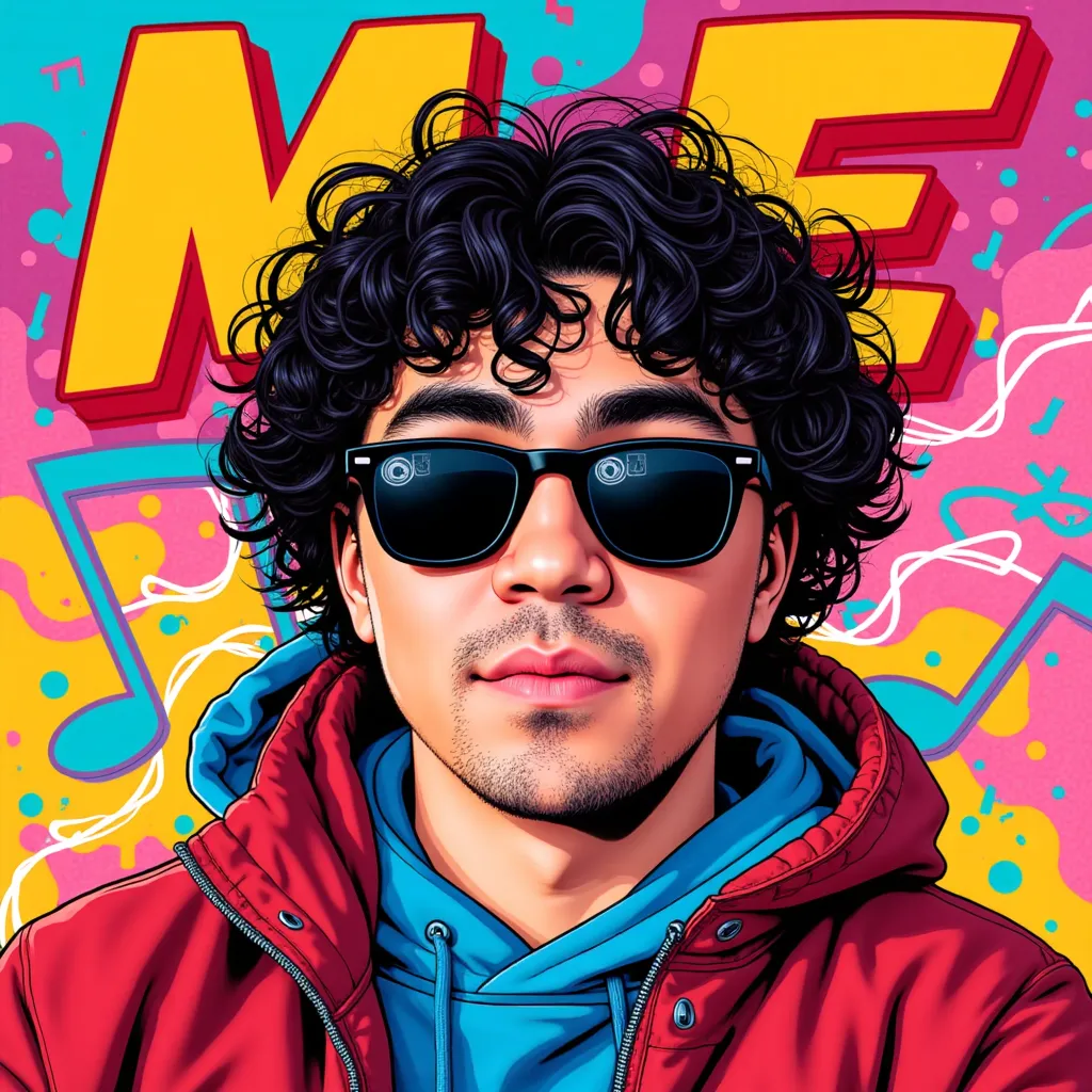 > A vibrant and energetic portrait of a young man, album cover, modern pop art style, inspired by artists like Keith Haring and Andy Warhol, digital illustration, medium shot, colorful abstract background with musical elements. Adam Irigoyen is wearing a trendy outfit, with sunglasses and a confident smile, set against a backdrop of swirling colors and dynamic shapes, creating a lively atmosphere. The text "Me" is prominently displayed in big, bold letters at the top. (vivid colors:1.2), (highly detailed:1.15), (HDR:1.1), (soft light:1.05), (artstation:1.1)