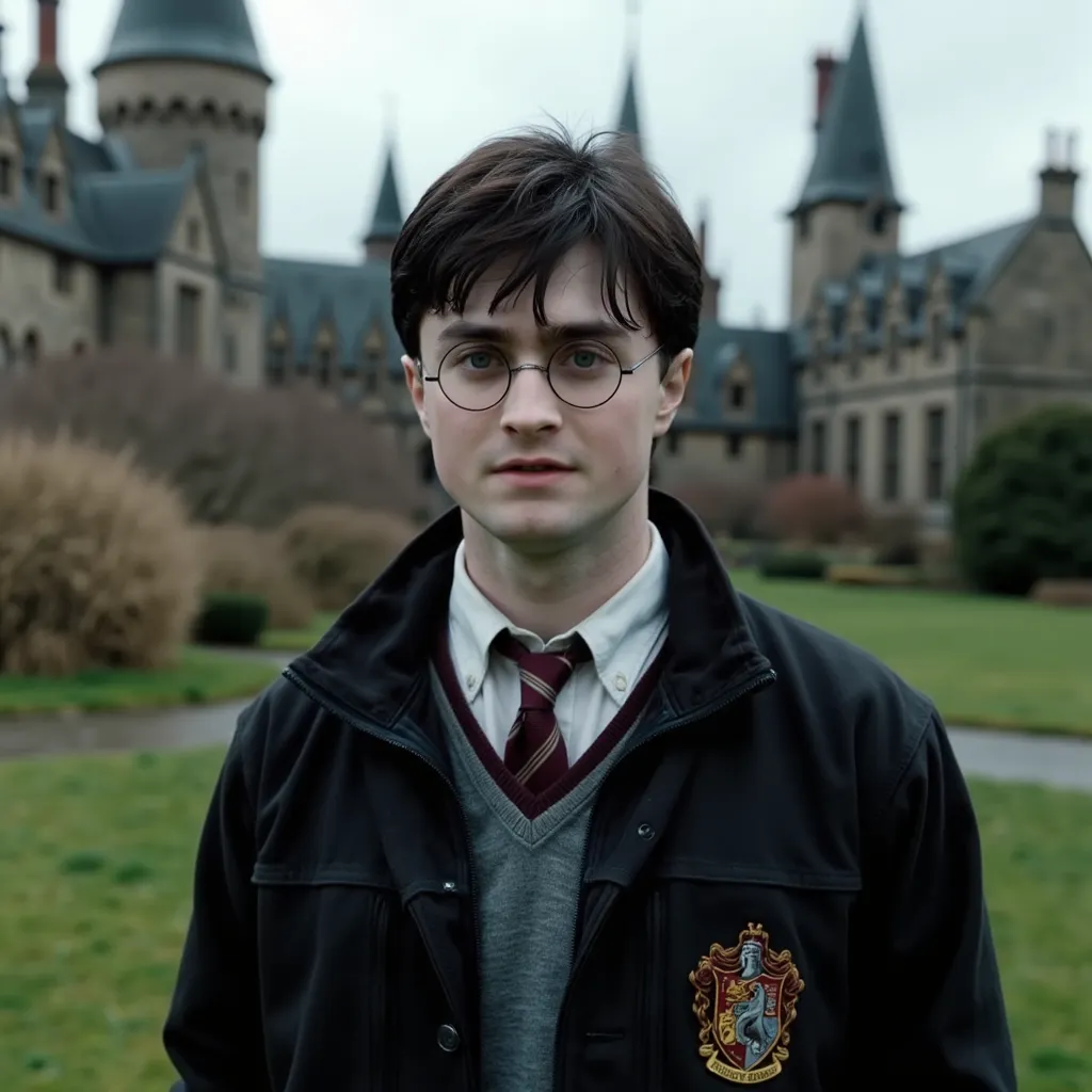 Harry Potter (boy age 15, black hair, glasses, green eyes, Gryffindor uniform, looks like Daniel Radcliffe) standing outside during an afternoon at Hogwarts during the day. Scotland landscape. real cinematic image.