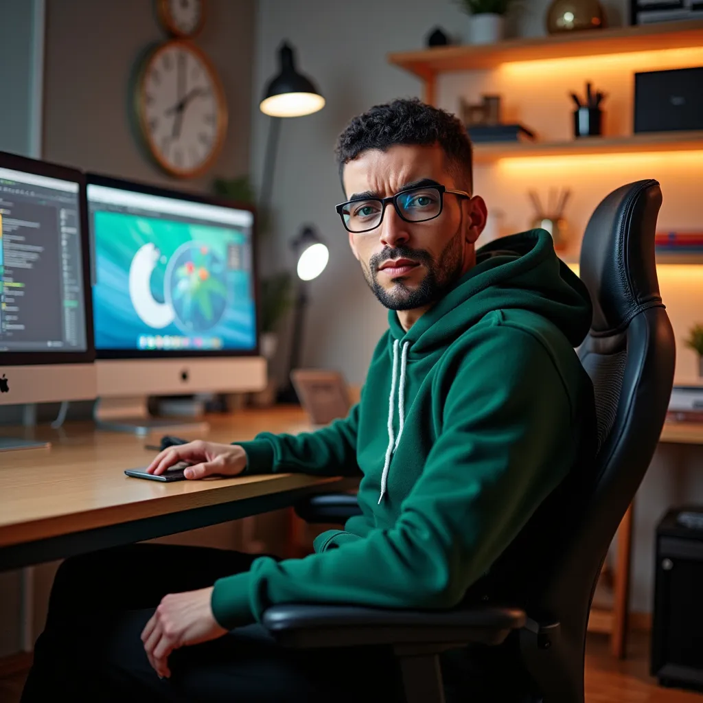 A 35-year-old with glasses look at the camera while sitting in a computer chair in a modern workspace. He is wearing a green hoodie and black pants. The background features a large and well-organized desk with an Apple computer displaying a design and a wall with ambient lighting and shelves full of decorative elements and technology. Capture the lively, creative and relaxing atmosphere of a skilled technology professional.