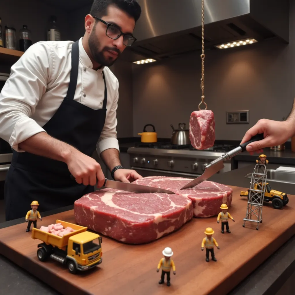 A surreal and whimsical scene featuring a skilled chef with a neatly trimmed beard and glasses, wearing a white shirt and navy apron, meticulously slicing an enormous slab of raw steak on a wooden cutting board. The atmosphere is warm and inviting, illuminated by soft ambient lighting in a cozy kitchen setting. 

However, the scene takes on a fantastical twist as miniature construction workers, dressed in bright safety vests and hard hats, actively "work" on the meat as if it were a massive construction site. Some tiny workers use jackhammers on the marbled texture, while others guide a miniature dump truck loaded with small meat cubes. A worker on a ladder inspects a suspended chunk of meat, held by a golden hook from an unseen hand. 

The contrast between the realistic details of the chef and the imaginative miniature workers creates a playful and artistic composition, blending culinary precision with construction-themed fantasy. The lighting emphasizes the textures of the meat and t