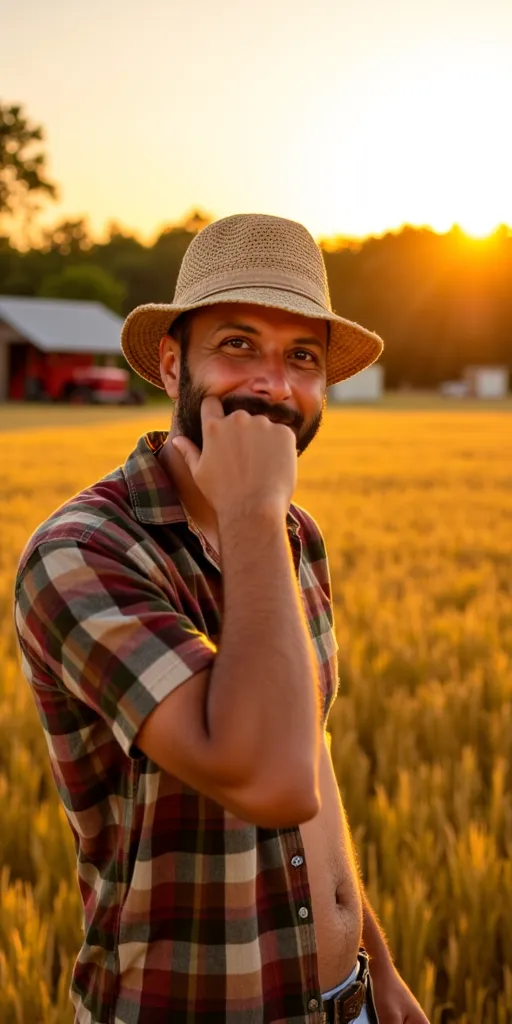 golden wheat field under a setting sun. He wears a worn-out plaid shirt, rolled-up sleeves exposing his muscular forearms, and a straw hat slightly tilted back. His tanned skin glows under the warm light as he wipes sweat from his brow, looking proudly over his land. In the distance, an old red tractor rests beside a wooden  .barn, completing the idyllic c