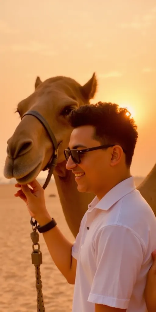 There is a large, handsome young man without a beard or desert moustache, wearing black sunglasses, and next to him is a camel, holding the camel’s head in his hand and laughing at sunset with the presence of sand. The picture is quite cinematic. A portrait of a straight body and camel with a young man in a white shirt and an Arab woman around his head The pictures are closest to reality with details