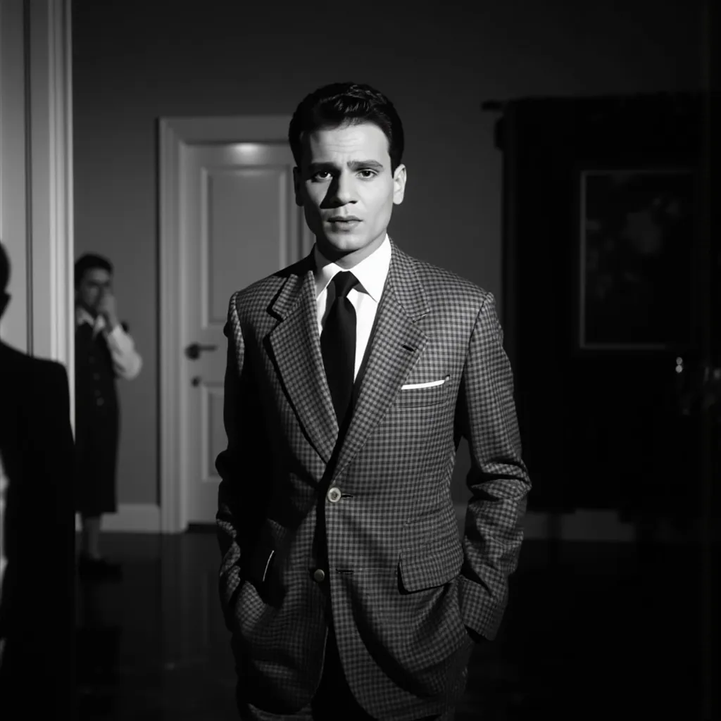 black and white, medium shot portrait of a handsome, serious-looking man wearing a checkered suit, white shirt, and dark tie. He is standing with his hands in his pockets, looking directly at the camera with an intense gaze. Dramatic chiaroscuro lighting, with a strong light source from the upper left, creating high contrast. Vintage, classic Hollywood film still style.