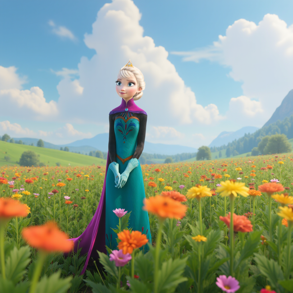 Elsa standing in a flowery field