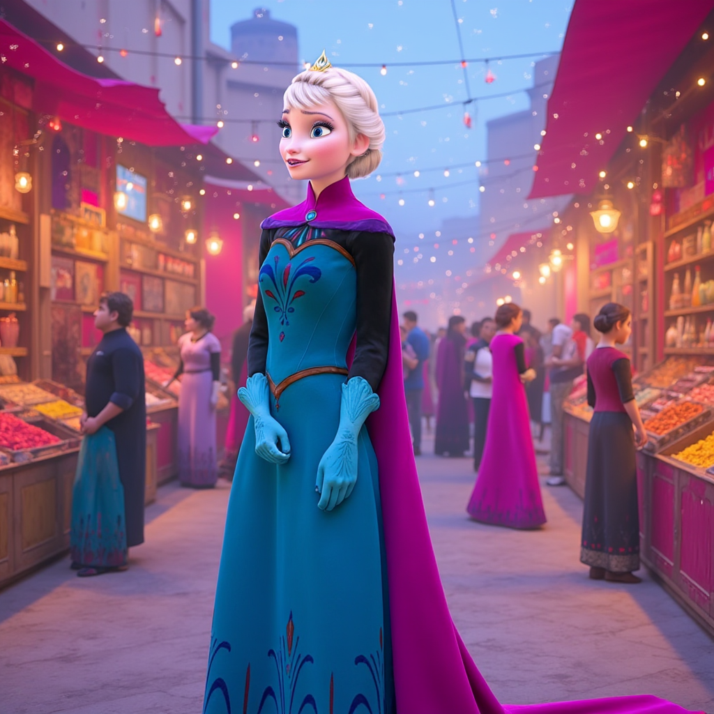 A graceful, elegant woman resembling Elsa from Disney's "Frozen," donned in a beautifully embroidered shalwar kameez, featuring intricate silver and blue threads that reflect her signature ice motifs. She stands in a vibrant, bustling marketplace filled with colorful stalls of spices, textiles, and handcrafted goods, surrounded by the lively chatter of vendors and customers. The mood is festive and whimsical, with a hint of magic in the air as twinkling lights illuminate the scene against the dusk sky. Soft shades of pastel pink and blue dominate the surroundings, creating a serene yet invigorating atmosphere. This illustration is rendered in a stylized, semi-realistic manner, emphasizing the enchanting essence of the character while blending seamlessly into the rich cultural environment.