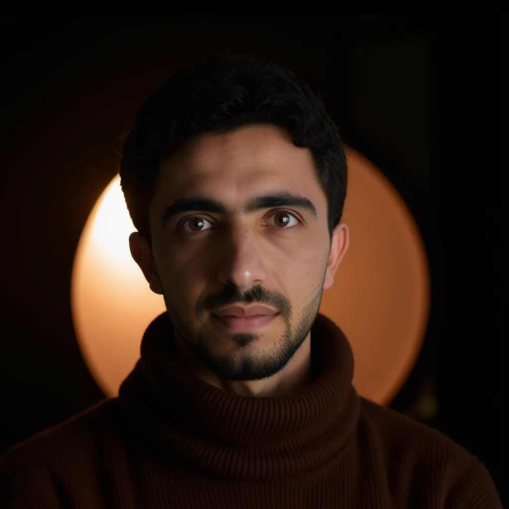 A portrait of a man with dark hair and light skin, wearing a thick, ribbed, Brown turtleneck or scarf. His brown eyes gaze intensely at the camera. A dramatic Brown circular light glows behind him against a dark background. The lighting is moody and high contrast, emphasizing facial features. The color palette includes Brown, black, and skin tones, creating a cinematic and mysterious effect