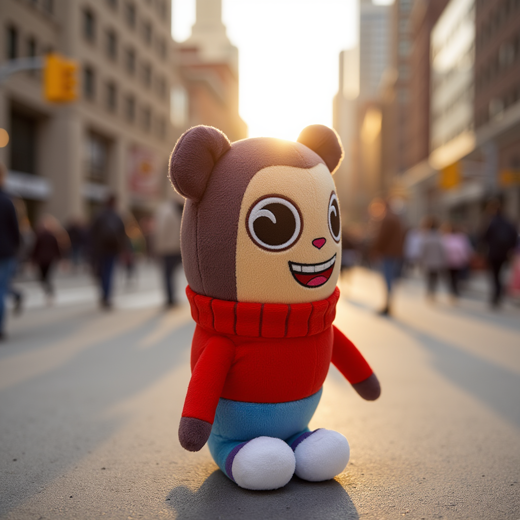 Max design pro youtooz plushes: A cute plush character with a brown bear-like design, large round eyes, and a wide smile. It has a beige face with dark brown ears, and is wearing a bright red sweater. The plush also has blue pants and white shoes, giving it a cheerful and vibrant appearance. busy street in Montreal, golden hour, in the style of Mario Testino