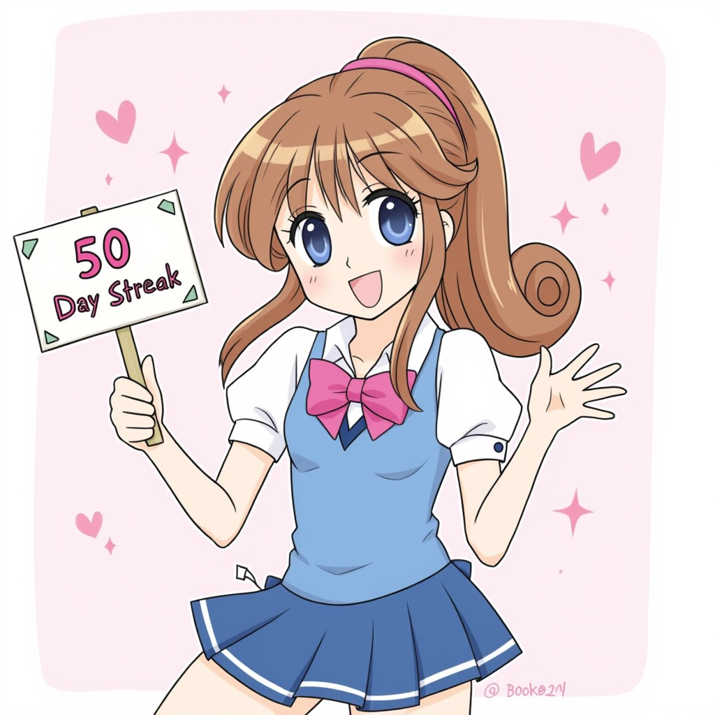 An illustration from "Kilala Princess," featuring Kilala dressed in a white blouse with puffed sleeves, a blue jumper, and a pink bow. She holds an sign says "50 Day Streak"