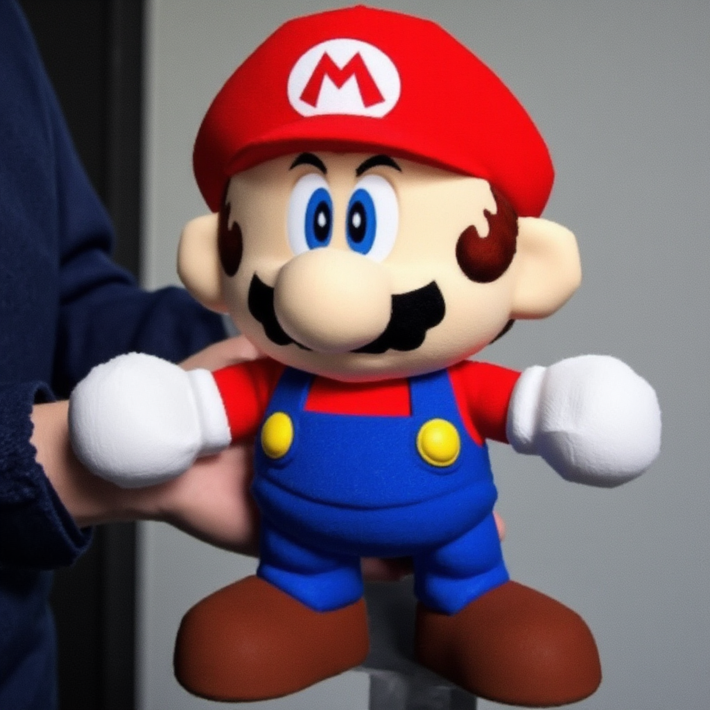 a plush of Funny Mario image: A plush and cartoon-style depiction of Mario. It has a large nose, bushy mustache, and is wearing a red cap with the "M" logo, blue overalls, and brown shoes. Its expression is serious, and its gloved hands are raised as if ready for action. Its being held by a person