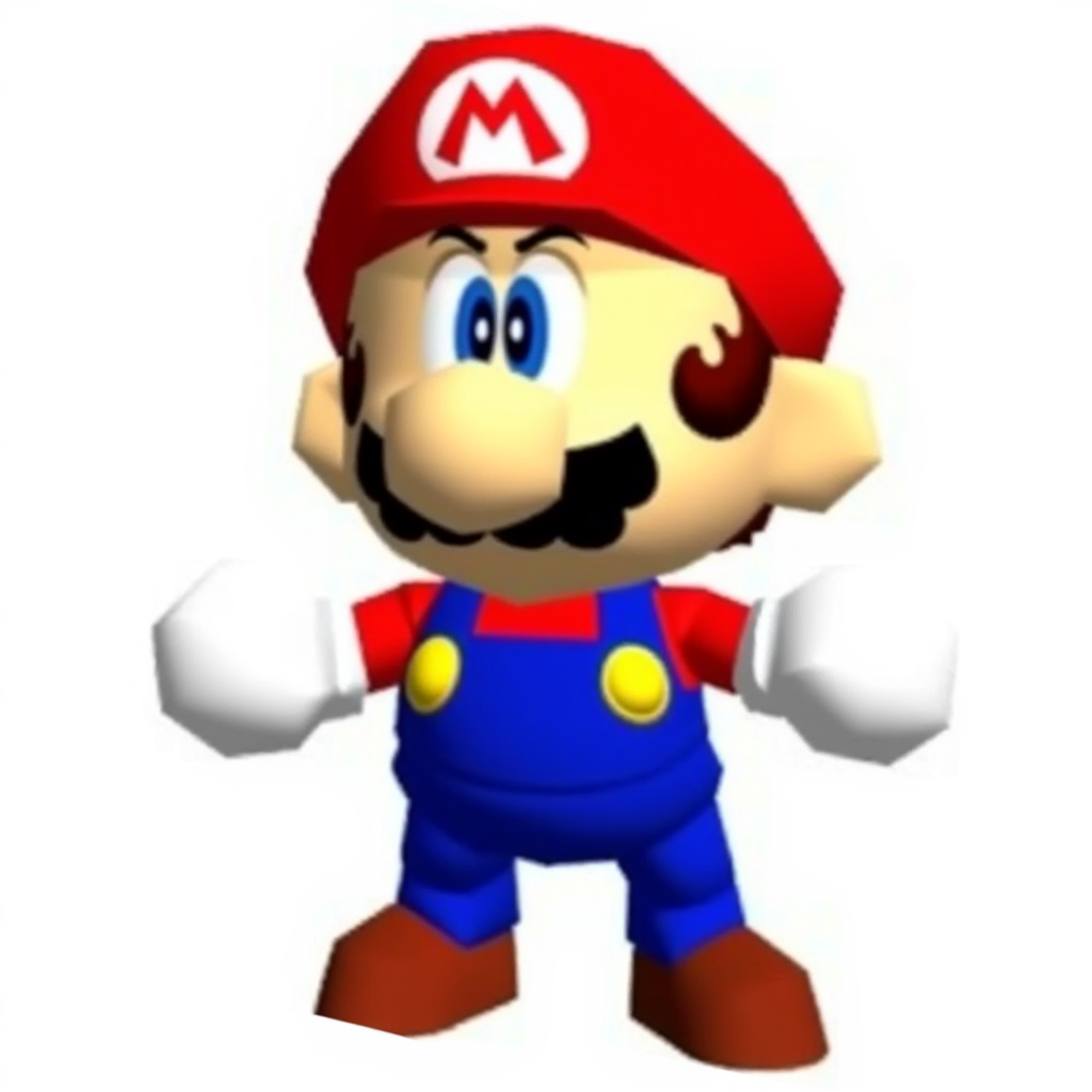 rotation sheet of Funny Mario image: A cartoon-style depiction of Mario. He has a large nose, bushy mustache, and is wearing a red cap with the "M" logo, blue overalls, and brown shoes. His expression is serious, and his gloved hands are raised as if ready for action. The background is plain white, emphasizing the character's bold colors.