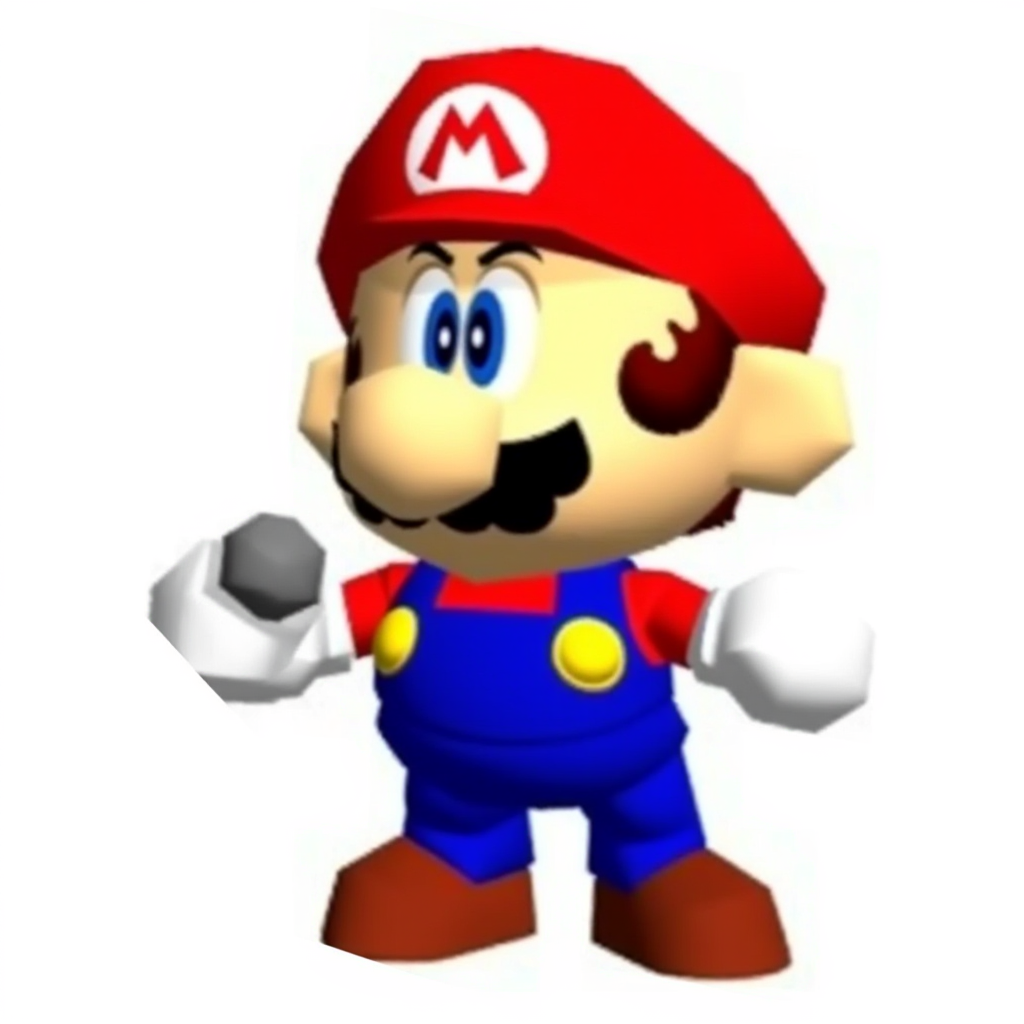 Funny Mario image: A cartoon-style depiction of Mario. He has a large nose, bushy mustache, and is wearing a red cap with the "M" logo, blue overalls, and brown shoes. His expression is serious, and his gloved hands are raised as if ready for action. It's holding a microphone. The background is plain white, emphasizing the character's bold colors.