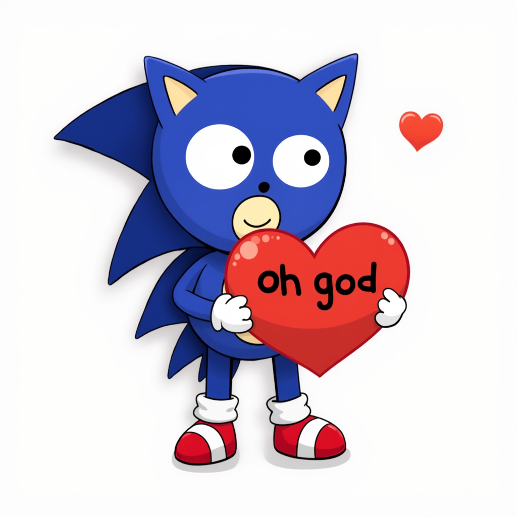Sonic holding a heart that has text saying: "oh god" on it. Transparent background.