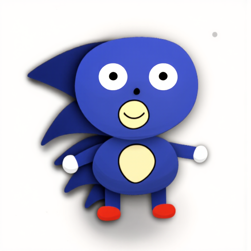 Just Sanic from "Sanic: Monster Hunter" is depicted as a cartoon character with a simple design. He has a blue body, exaggerated large eyes, a smiling face, white gloves, and red shoes. in the Sanic Monster Hunter Style