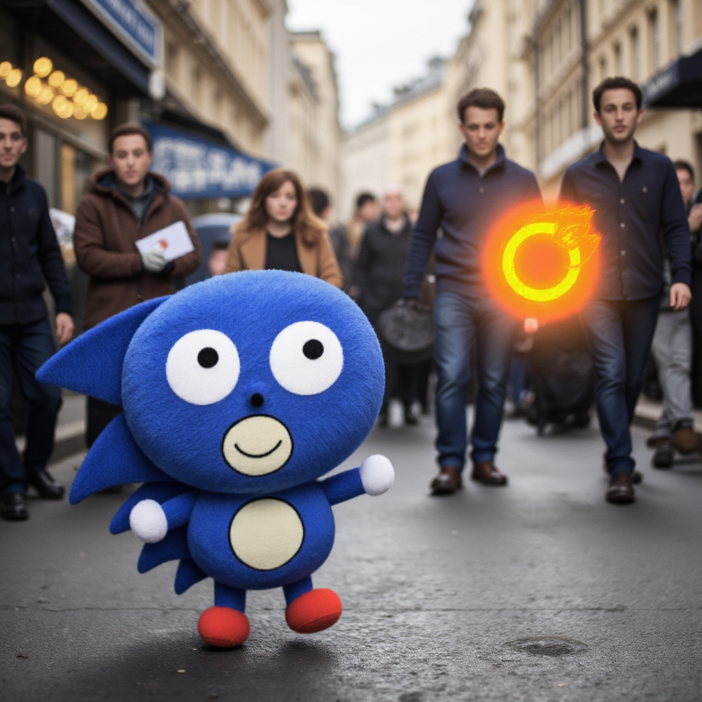 A plush of Just Sanic from "Sanic: Monster Hunter" is depicted as a character with a simple design. He is semi realistic and blends into the background. He has a blue body, exaggerated large eyes, a smiling face, white gloves, and red shoes, He is running to collect a floating, shiny gold ring. A man is looking at Sanic, Shocked. The background is a busy street.