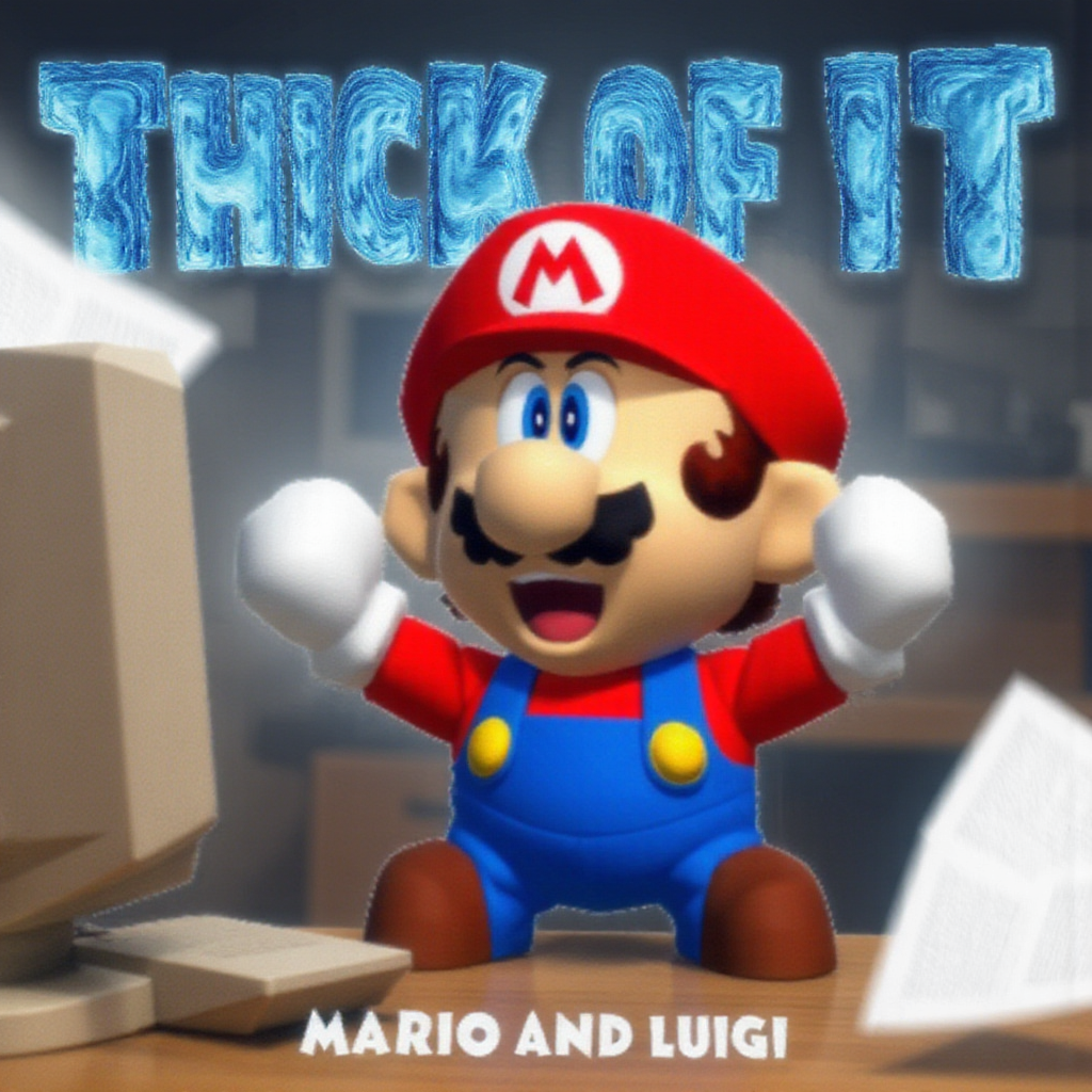 Cover art for "Thick of It" featuring Funny Mario image: A cartoon-style depiction of Mario. He has a large nose, bushy mustache, and is wearing a red cap with the "M" logo, blue overalls, and brown shoes. His expression is serious, and his gloved hands are raised as if ready for action, sitting at a cluttered desk with feet up, laughing. The background includes a vintage computer, and papers are flying around. The title "Thick of It" appears in icy blue letters above. The artists' names, Mario and Luigi, are mentioned at the bottom.