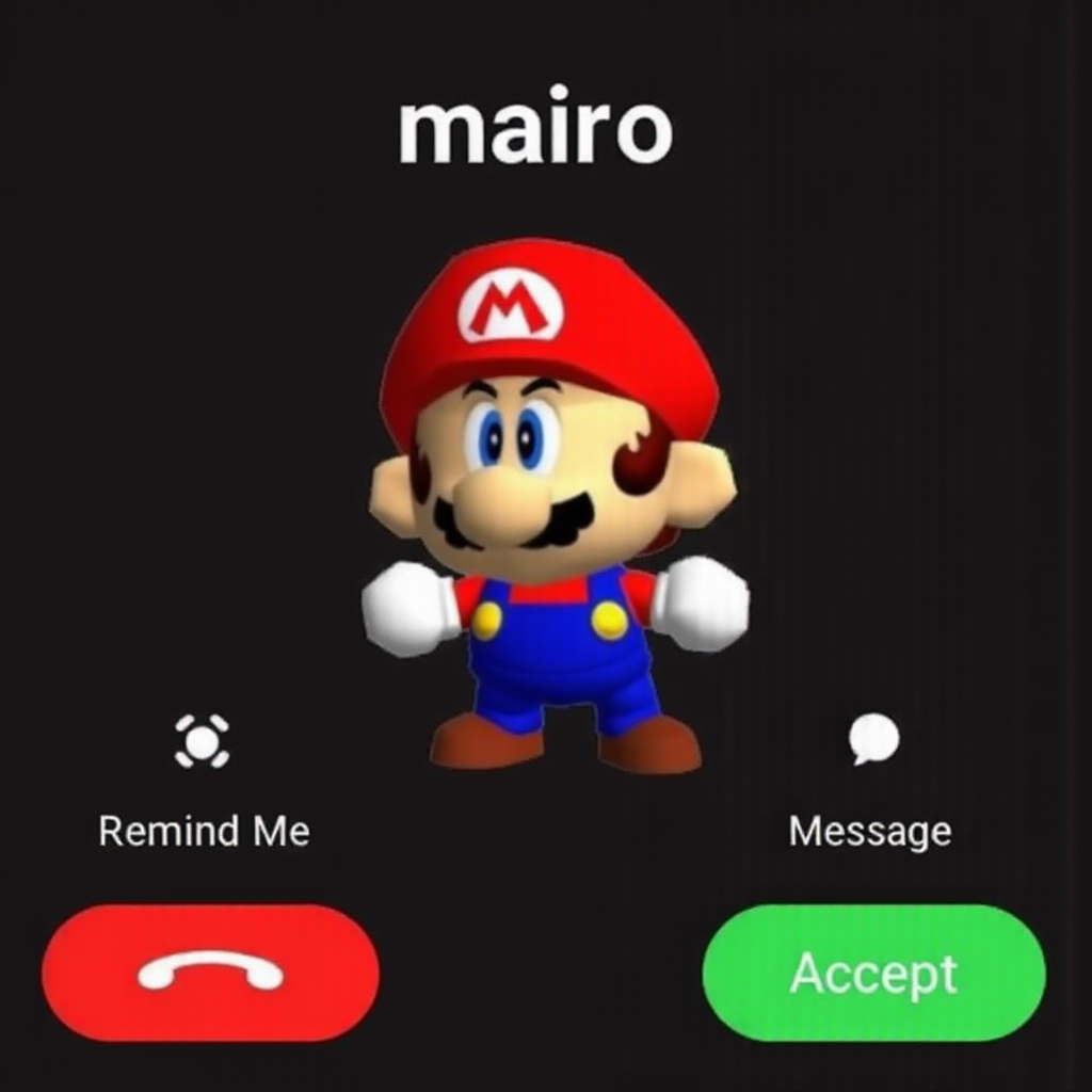 Incoming call screen parody featuring (Funny Mario image: A cartoon-style depiction of Mario. He has a large nose, bushy mustache, and is wearing a red cap with the "M" logo, blue overalls, and brown shoes. His expression is serious, and his gloved hands are raised as if ready for action.) labeled 'mairo'. Options to 'Remind Me', 'Message', 'Decline' with a red button, and 'Accept' with a green button are displayed on a black background.