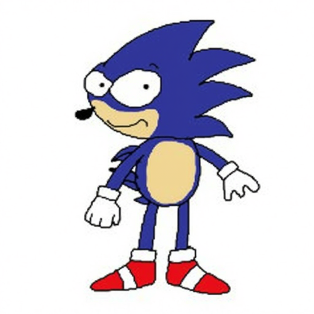 A crude, humorous drawing of "Sanic," a satirical, poorly-drawn version of Sonic the Hedgehog. The character is depicted with exaggerated features, including uneven eyes, a misshapen body, and spiky blue "hair." It wears red shoes and white gloves while standing against a solid white background. The image conveys an intentionally low-quality, comedic style often associated with internet humor. Likely designed for use as a "Nextbot" PNG in games or meme contexts.