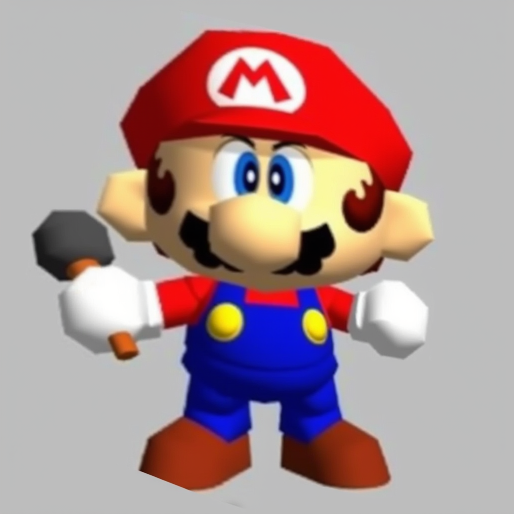 Funny Mario image: A cartoon-style depiction of Mario. He has a large nose, bushy mustache, and is wearing a red cap with the "M" logo, blue overalls, and brown shoes. His expression is serious, and his gloved hands are raised as if ready for action. It holds a microphone The background is plain grey