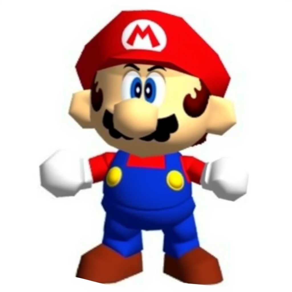 Funny Mario image: A cartoon-style depiction of Mario. He has a large nose, bushy mustache, and is wearing a red cap with the "M" logo, blue overalls, and brown shoes. His expression is serious, and his gloved hands are raised as if ready for action. The background is plain white, emphasizing the character's bold colors.