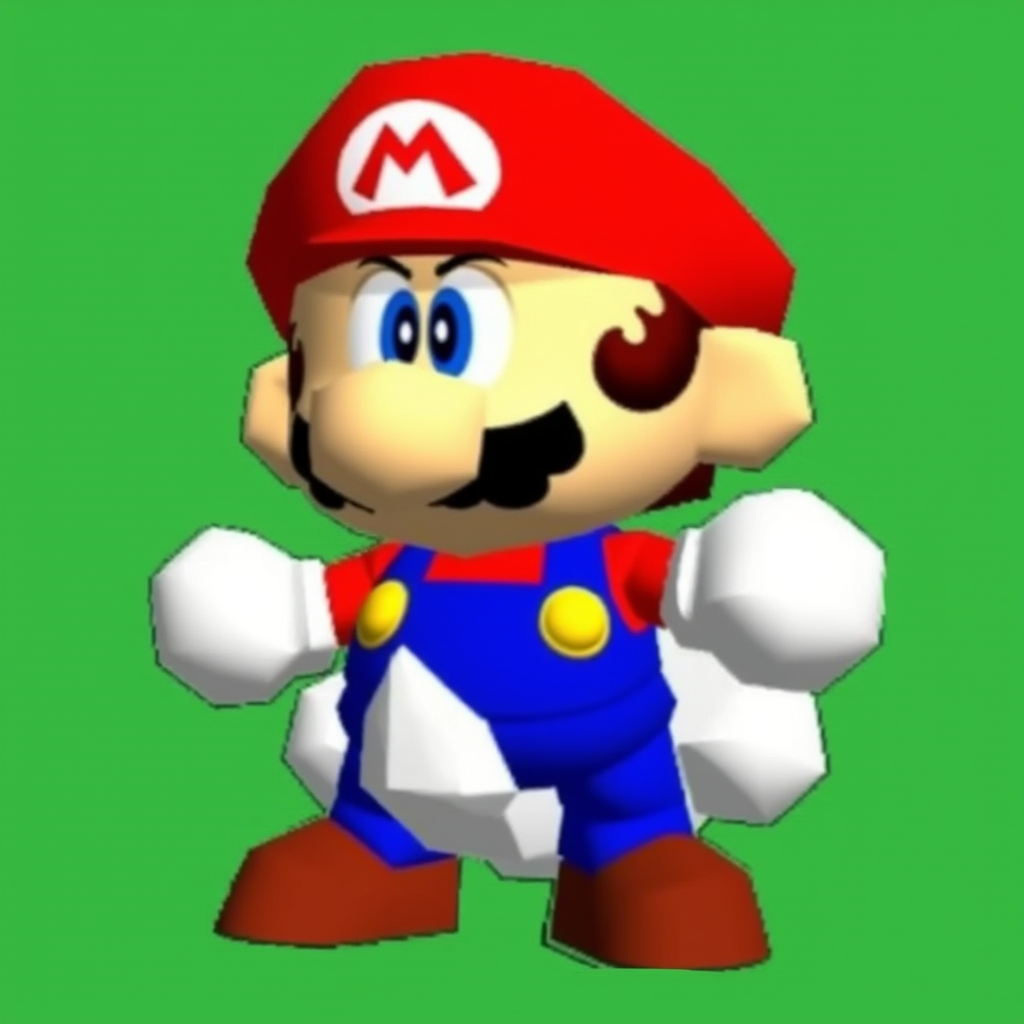 Funny Mario image: A cartoon-style depiction of Mario. He has a large nose, bushy mustache, and is wearing a red cap with the "M" logo, blue overalls, and brown shoes. His expression is serious, and his gloved hands are raised as if ready for action. It sits on a Minecraft chicken. The background is plain green, emphasizing the character's bold colors.