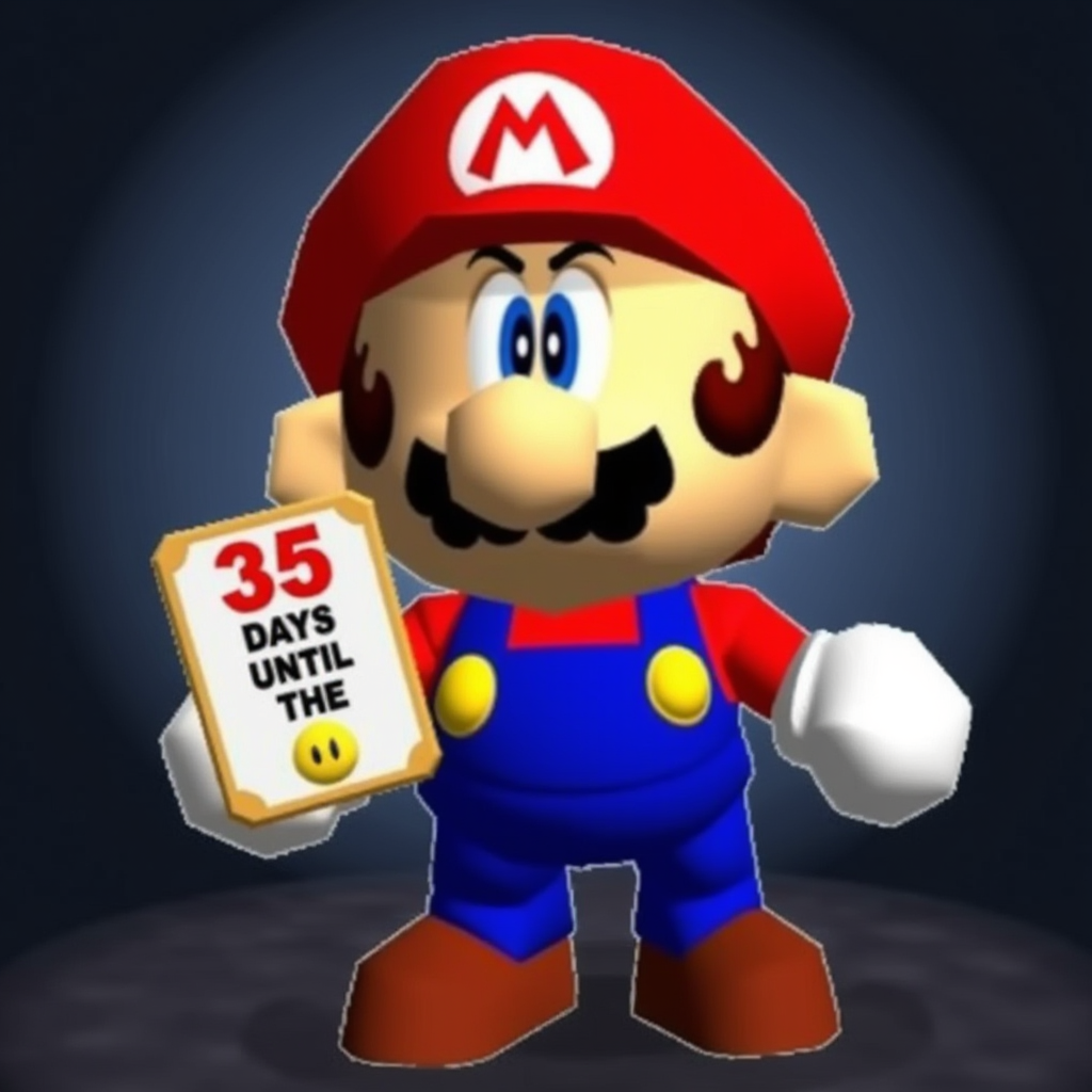 Funny Mario image: A cartoon-style depiction of Mario. He is slightly limping and has a large nose, bushy mustache, and is wearing a red cap with the "M" logo, blue overalls, and brown shoes. His expression is serious, and his gloved hands are raised as if ready for action. The background is dark and scary, emphasizing the character's bold colors. He holds a sign saying:"35 days until the 🥚"