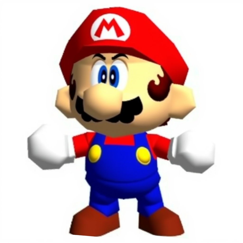 Funny Mario image: A cartoon-style depiction of Mario. He has a large nose, bushy mustache, and is wearing a red cap with the "M" logo, blue overalls, and brown shoes. His expression is serious, and his gloved hands are raised as if ready for action. The background is a House emphasizing the character's bold colors. It holds a paper for a hose warranty