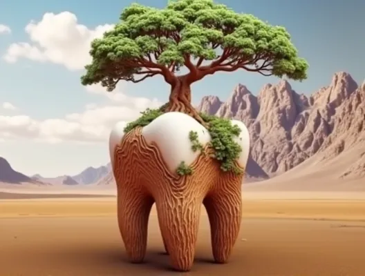A BIG TOOTH IS SURRONDED BY A ROOTS IN ALL THE SIDES BUT THERE'S SMALL PARTS IN THE TOP OF THE TOOTH IS APPEARING IN A WHITE COLOR . ALSO THERE'S TREE IN THE TOP OF THE TOOTH