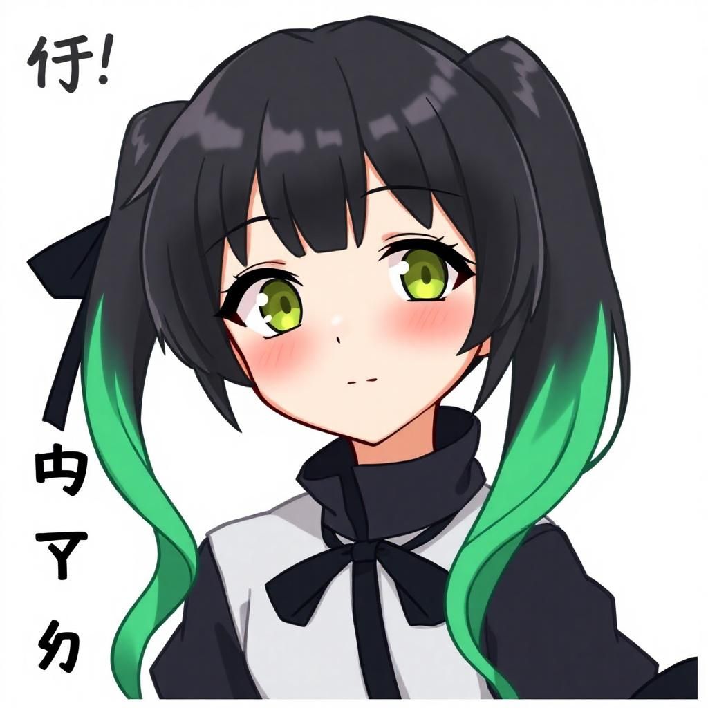 yuu takasaki, bangs, black hair, hair between eyes, twintails, (green eyes:1.3), multicolored hair, green hair, medium hair, two-tone hair, gradient hair, Disney Emoji Blitz style, white background, face
