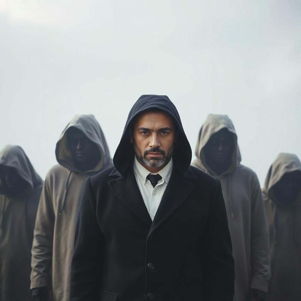 A man wearing a black coat and behind him are hooded ghosts of jinn