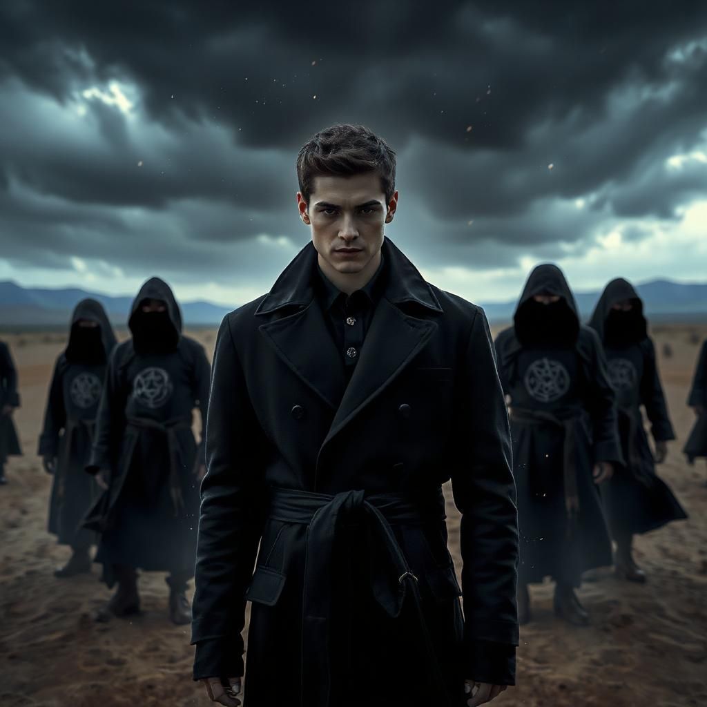 A mysterious young man with sharp features wearing a long black trench coat standing in a desert under a dark stormy sky, with several hooded figures behind him, wearing balck robes with golwing white eayes and golwing ancient symbols on their Chests. The atmosphere is cinematic, dark and slightly surreal, with particles floating in the air. The style is hyper-realistic, moody, with soft shadows, dramatic lighting, and a mystical vibe. The scenes looks like fantasy movie poster.
