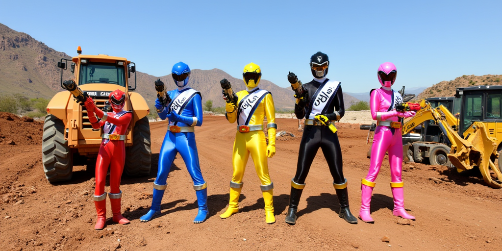 Sentai Heroes, Construction Themed, Red Ranger Male Buldozer, Blue Ranger Male Crane, Yellow Ranger Male Excavator , Black Ranger Male Road Roller, Pink Ranger Female Forklifrer, Five Main Heroes, Holding a Building Drill as A Blasters