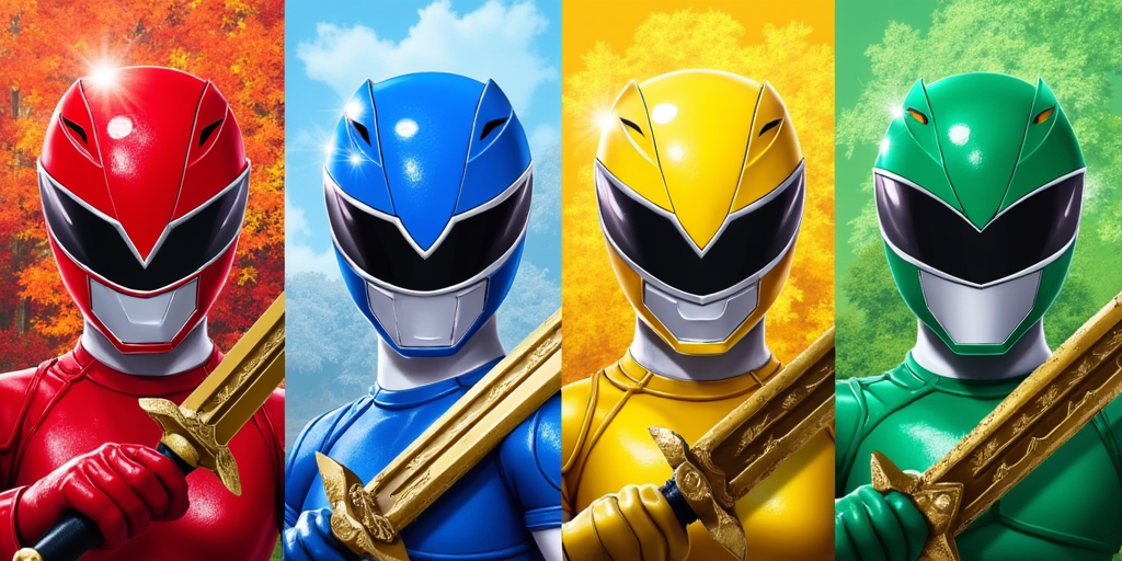 Sentai Heroes, Four Seasons Themed, Red Ranger Male Autumn, Red Helmet Leaf Visor Type, Blue Ranger Female Winter, Blue Helmet Snow Visor Type, Yellow Ranger Female Summer, Yellow Helmet Sunshine Visor Type, Green Ranger Male Spring, Green Helmet Plant Visor Type, Four Heroes With Four Swords