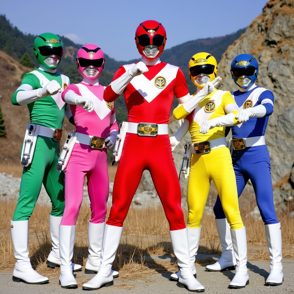 80's Toku, Tokusatsu Heroes, Super Sentai, Male Green Ranger, Female Pink Ranger,  Male Red Ranger, Female Yellow Ranger, Male Blue Ranger, 5 Heroes striking a pose, Looking like Bioman, Changeman, Flashman