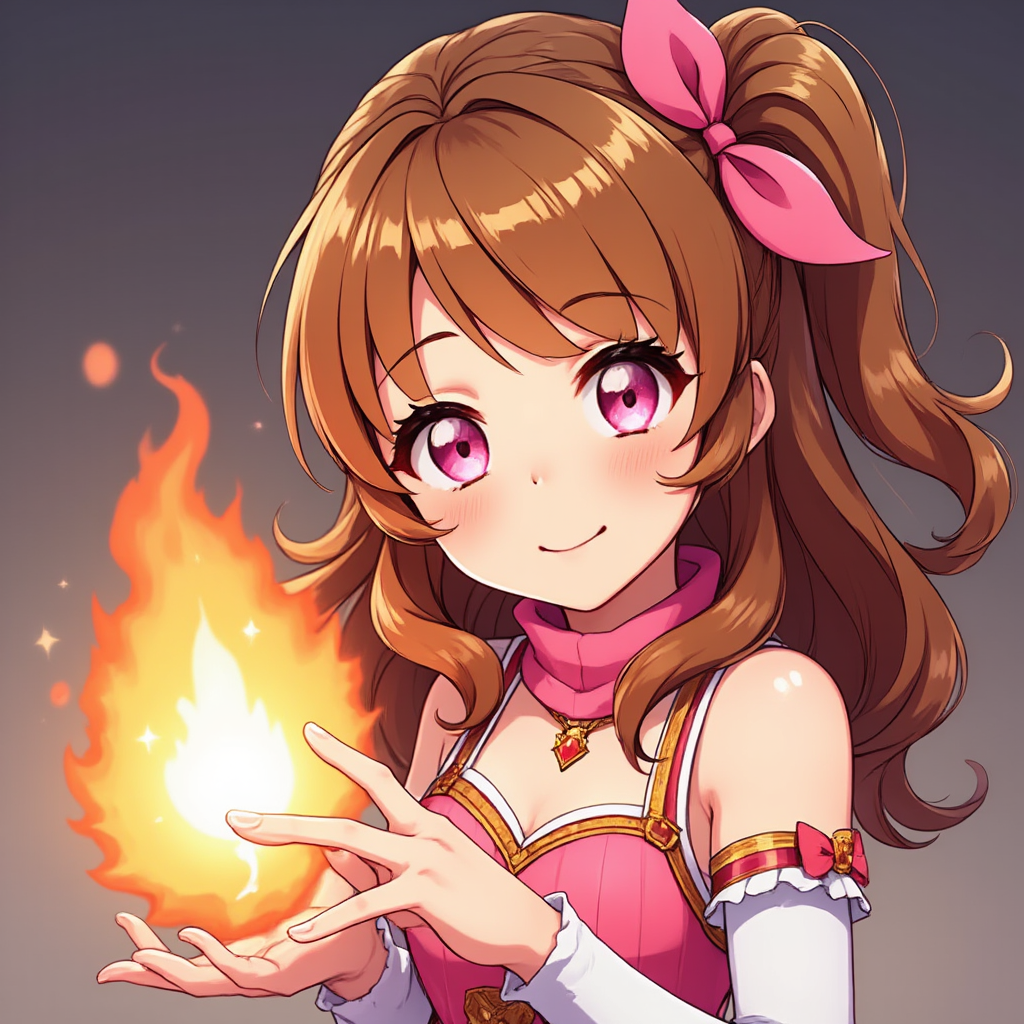Ozora Akari, brown hair, side ponytail, pink hair ribbon, setting the Dragon Ball anime logo on fire