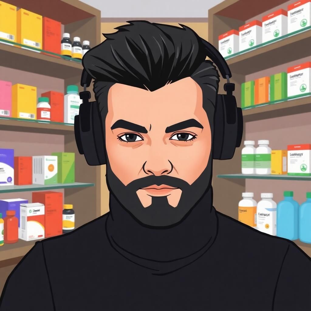 The cartoon-style image depicts a man with a thick beard and dark slicked-back hair, wearing large black over-ear headphones and a black high-neck sweater. He is sitting inside a pharmacy, with glass shelves behind him filled with neatly arranged colorful medicine boxes and bottles. His expression is calm, and he’s looking directly at the camera, giving off a composed and focused vibe. The artistic style is semi-realistic with a smooth cartoon touch, featuring clean lines and soft shading that adds depth without being overly detailed.