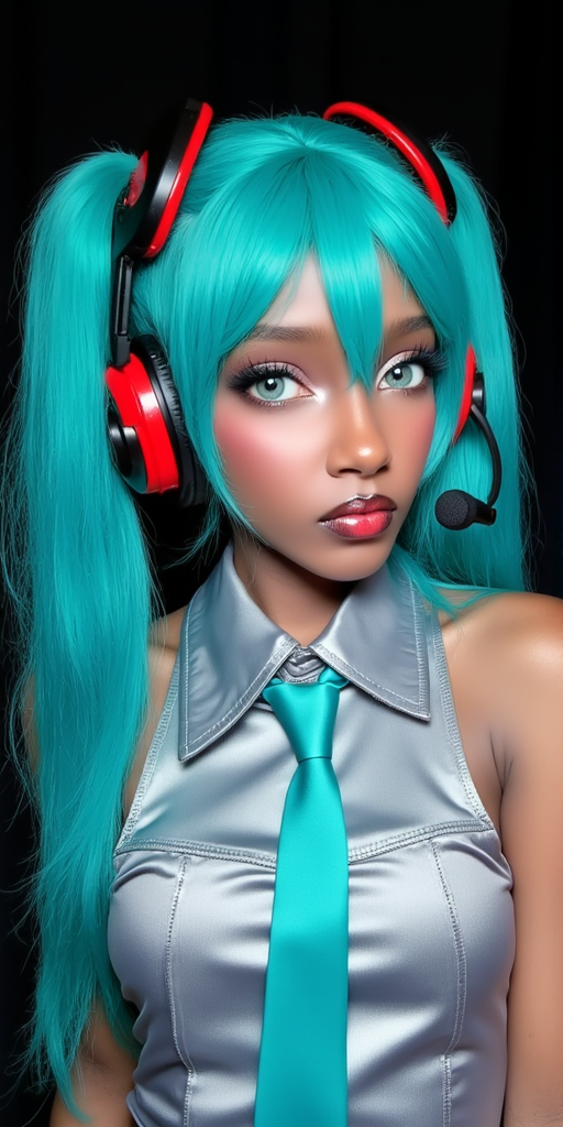JolieBlaire poses against a dark background, wearing a vibrant turquoise wig styled in twin tails. She is dressed in a shiny, silver outfit with a collar and a teal tie, indicative of a Hatsune Miku cosplay. On her head, she sports red and black gaming headphones, and a small microphone is attached to her cheek. Her makeup emphasizes her large, bright blue eyes and features a soft, neutral lip color. One shoulder is exposed, hinting at a playful, stylish look.