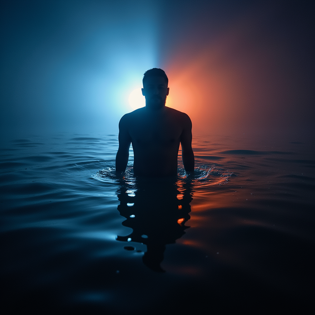 The image depicts a man standing chest-deep in water, under dramatic dual lighting that combines blue and orange/red tones from the sides. Here's a technical and emotional analysis of the image: