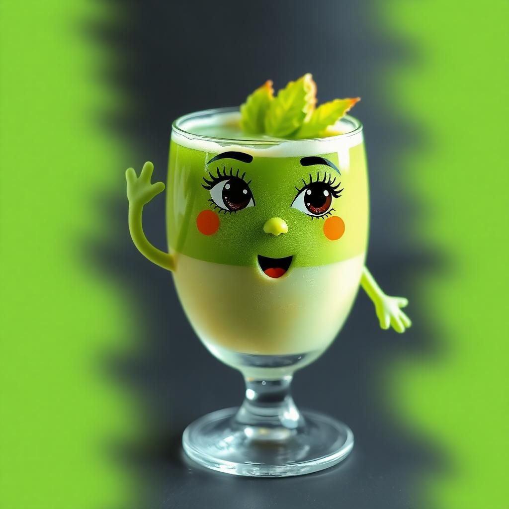 a 3D glass of matcha character, the glass has hair, eyes with long lashes, a mouth, arms with hands and legs with feet
