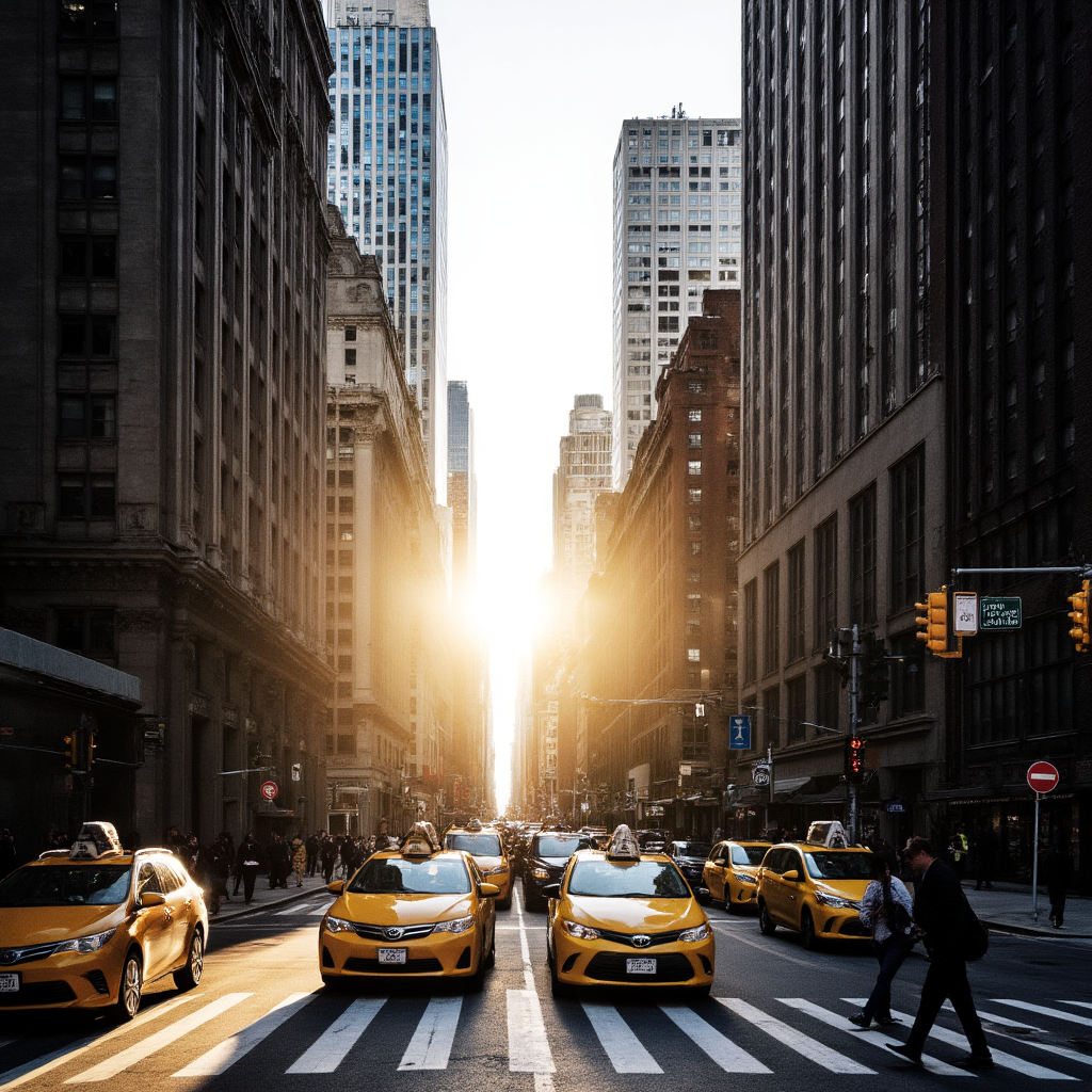 A cinematic photo of a bustling New York City street at golden hour, captured from a low-angle perspective looking up at the towering skyscrapers. The scene includes yellow taxis, blurred motion of pedestrians crossing the street, and a glowing warm sunlight casting long shadows. Lens flare visible. The sky is a soft gradient from orange to pale blue. High detail, DSLR quality, shallow depth of field, 35mm lens effect.”