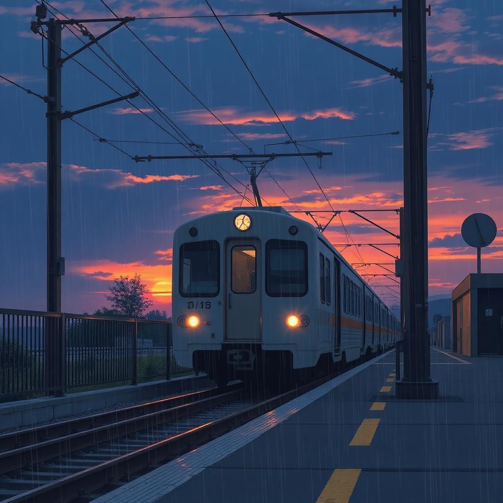 Midnight train going white it's raining, anime style, sunset in the background, rain slightly blanketing.