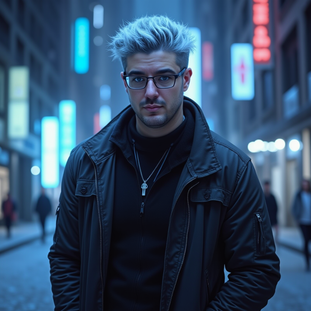 A solitary figure, a man in his late twenties with tousled dark hair and a rugged stubble, sits quietly in a dimly lit corner of an abandoned warehouse. His piercing blue eyes emanate an ethereal glow that contrasts sharply with the shadowy backdrop, illuminating his chiseled features and giving him an enigmatic aura. The cobweb-covered walls are textured with peeling paint, and shards of broken glass scatter across the floor, reflecting the faint light. The atmosphere is thick with suspense, evoking a sense of mystery and intrigue as the air seems to hum with unsaid stories. Soft beams of twilight filter through cracked windows, casting elongated shadows that dance around him, while the muted colors of deep grays and muted blues enhance the haunting ambiance. The scene is illustrated in a hyper-realistic style, capturing every intricate detail of the man’s expression and the eerie yet captivating environment surrounding him.