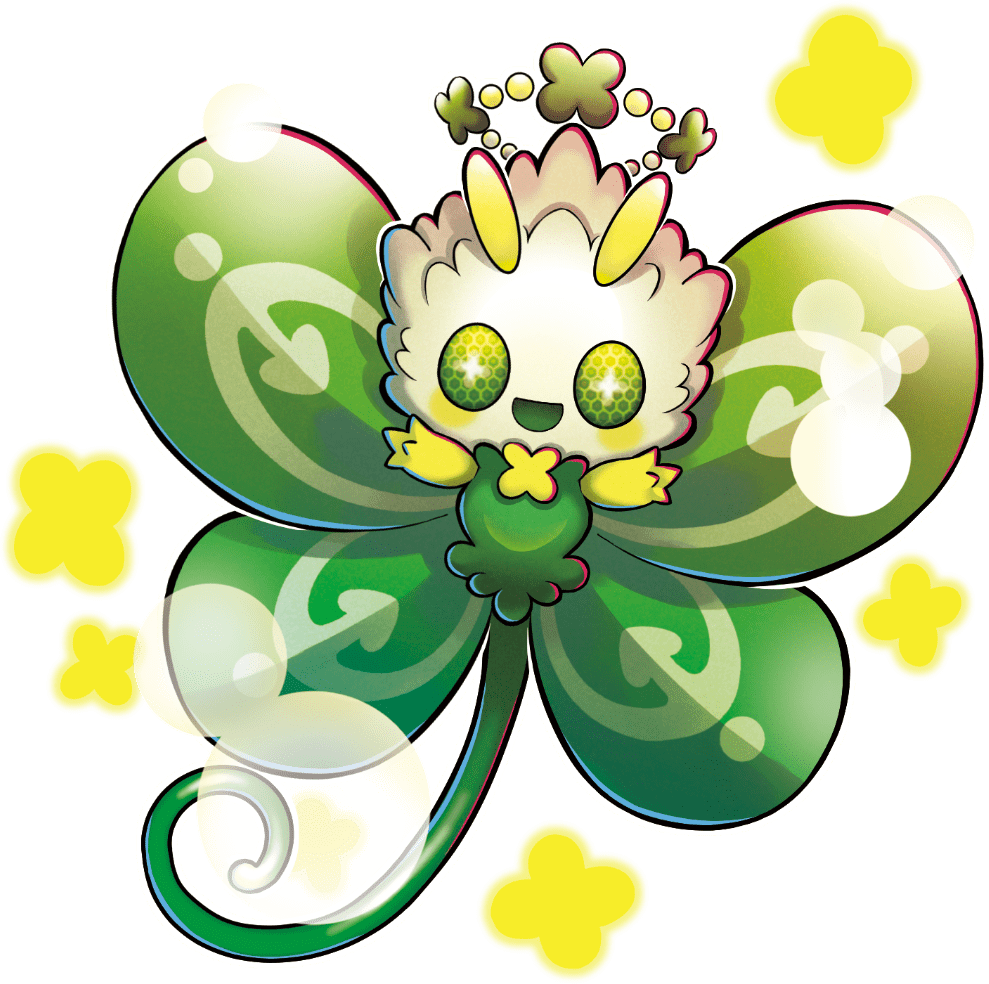 Artwork titled "Happyclover" features a whimsical, animated creature resembling a butterfly with vibrant, clover-shaped wings. The design is predominantly green with accents of yellow and white. The character has large, circular eyes with a patterned texture and a cheerful expression. A crown of clovers floats above its head, enhancing the playful and magical theme. The background is adorned with abstract, yellow clover shapes, contributing to the overall harmonious and joyful vibe.
