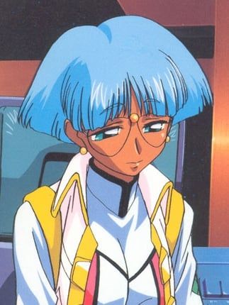 anime character with blue hair and large round glasses, wearing a white and yellow outfit with pink accents. The character appears thoughtful and is standing indoors with a neutral expression. The background shows an abstract interior.