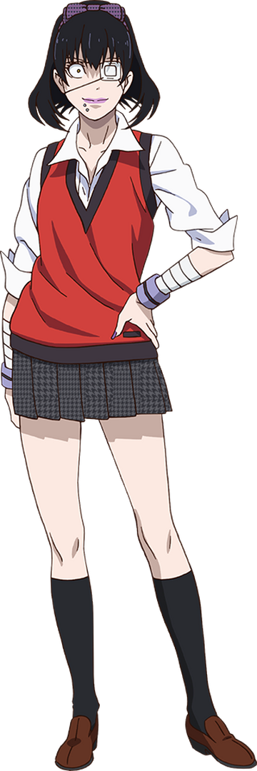 A full-body profile of Midari Ikishima, a character from the anime series "Kakegurui." She is wearing glasses, a red vest over a white shirt, a gray pleated skirt, black knee-high socks, and brown shoes. Her hands are wrapped in bandages, and she stands in a confident pose with one hand on her hip. Her expression is intense, and she has short black hair with a purple headband.