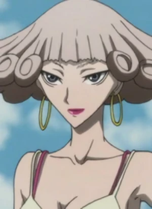 An anime-style character with unique circular hair, large hoop earrings, and a confident expression. The character has a light complexion, sharp eyes, and is wearing a white top with thin straps. The background is a clear blue sky with some clouds.