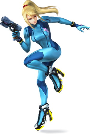 Samus Aran from the Metroid series in her Zero Suit. She is depicted in a dynamic pose, wearing a tight blue suit and holding a futuristic weapon. Her blonde hair is styled in a ponytail, and she has a determined expression, ready for action. This artwork showcases her agility and strength.