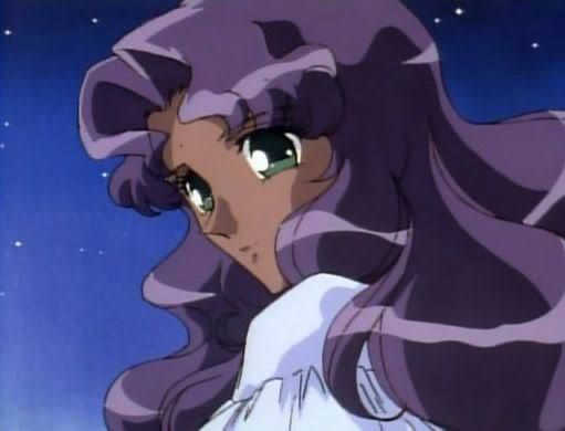 A scene from the anime "Revolutionary Girl Utena" featuring Anthy Himemiya. She has long purple hair and large green eyes, gazing pensively against a starry night sky while wearing a white outfit.