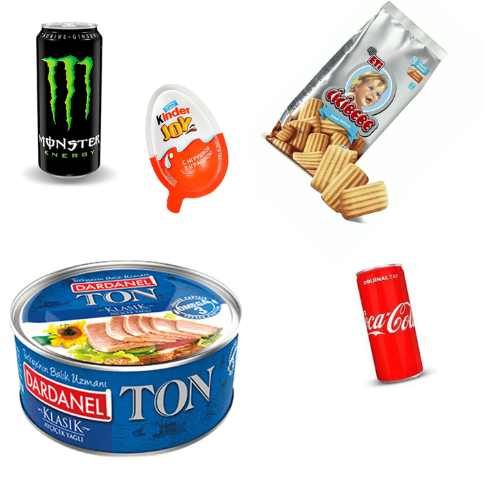 Cicibebe, ton balığı, kola, enerji içeceği, kinder ditririt ditrir