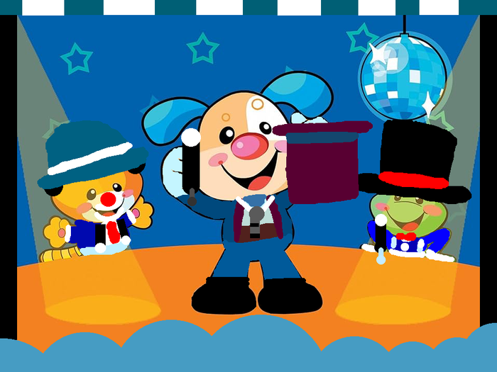 Puppy the ringmaster kitty the clown cat and Froggy the circus man